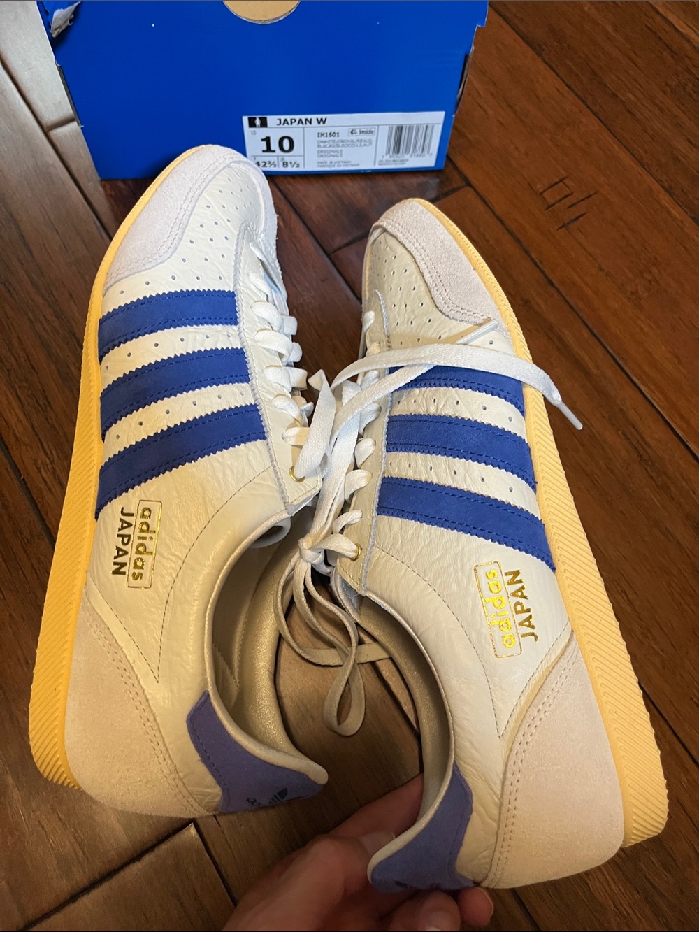 adidas womens japan White Leather Sneakers with Blue Stripes and Yellow Gum Sole - Picture 10 of 14